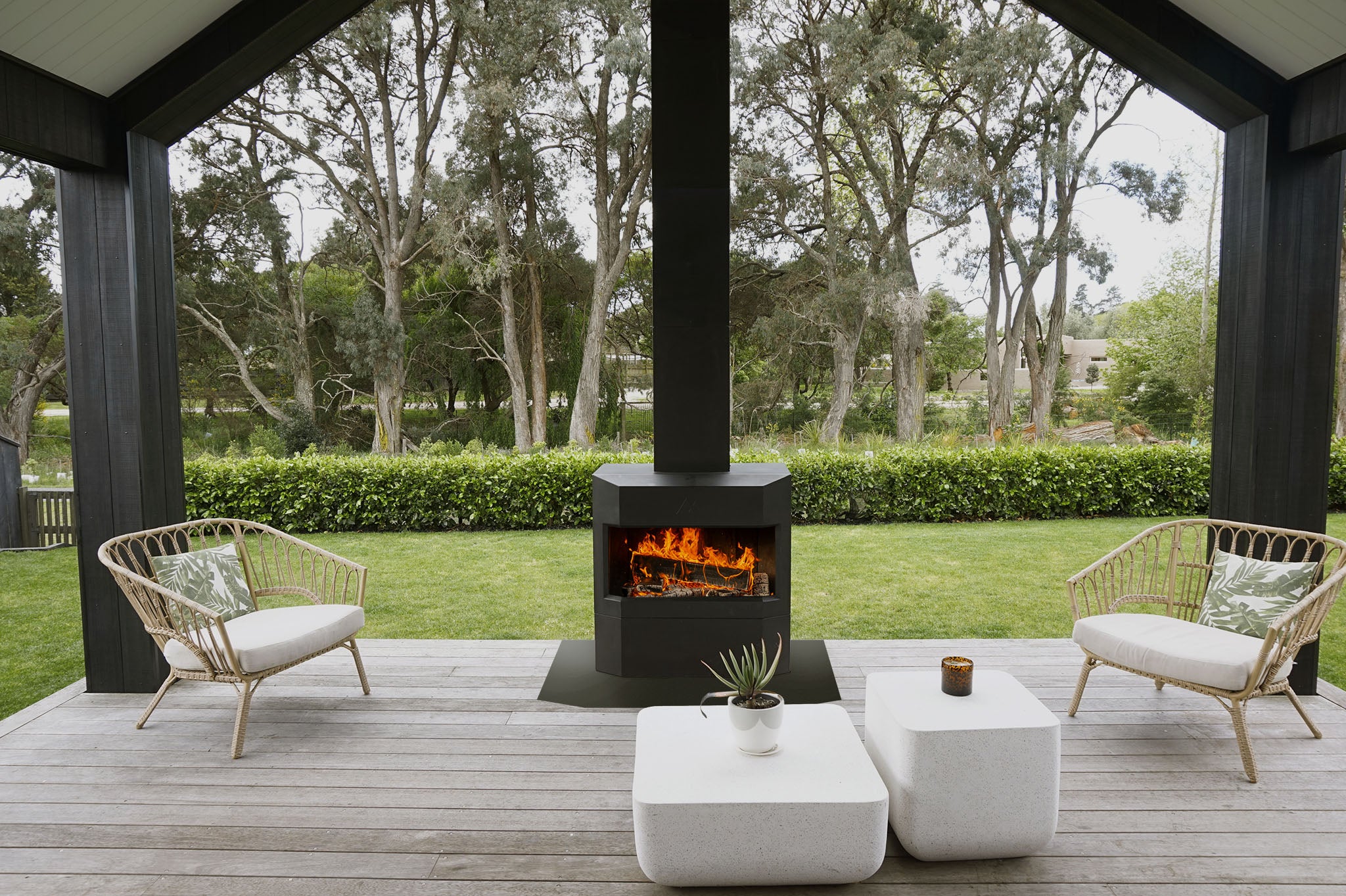 Pique Acsent Outdoor Fireplace On Wooden Deck